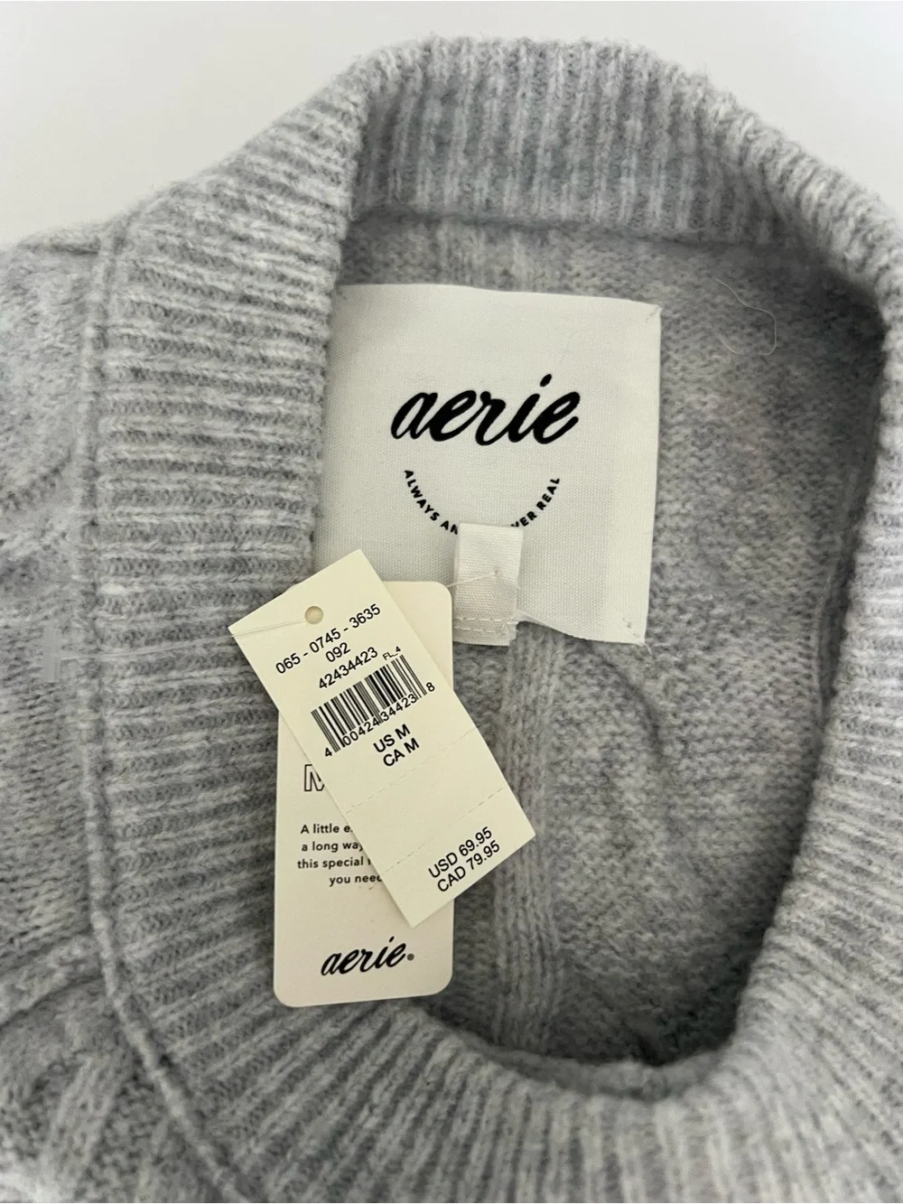 Aerie Light Gray Cable Knit Faux Pearl Beaded Crew Neck Sweater Soft Cozy - Picture 2 of 9